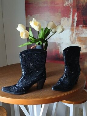 Black Embellished Western Ankle Boots with Pointed Toe - Women